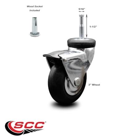 Service Caster 3 Inch Chrome Hooded Neoprene Rubber 5/16 Inch Grip Ring Stem Caster with Brake SCC-GN03S310-NPRB-BC-B